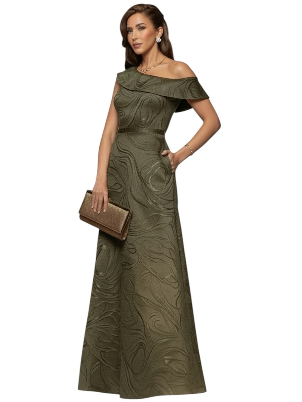 NWT XSCAPE Olive One-Shoulder Jacquard Textured Evening Gown Dress Size 4 - Picture 2 of 6